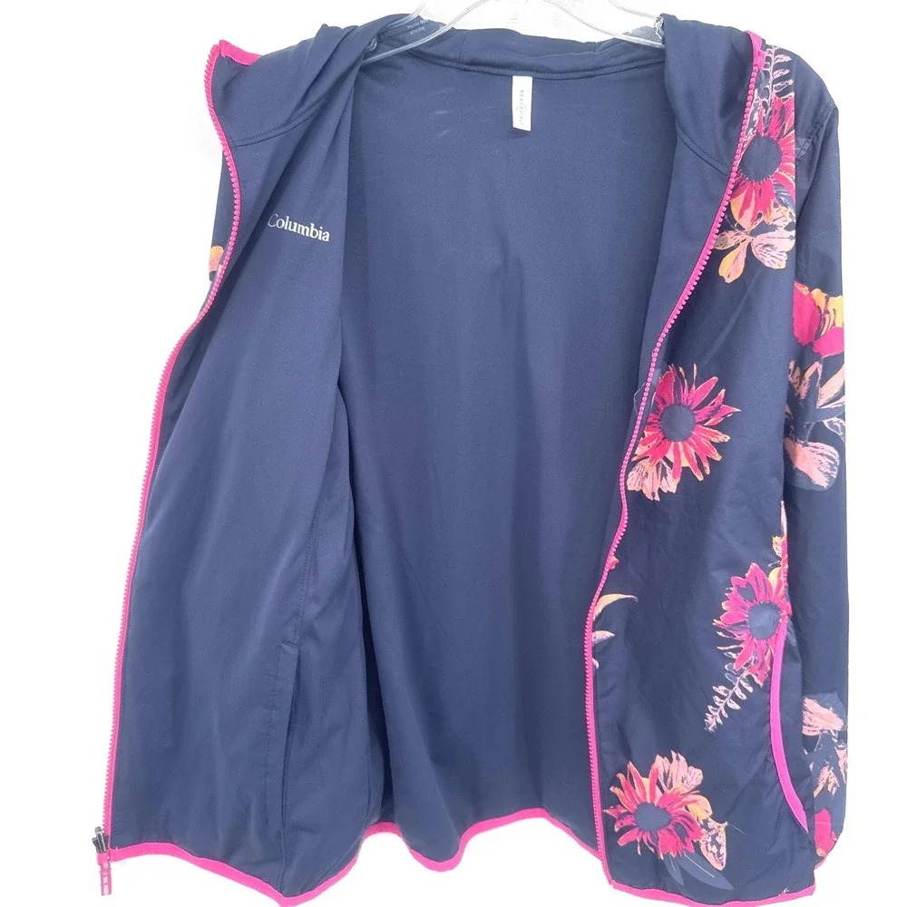 Columbia Girls Jacket XL 18/20 Navy Blue Floral Windbreaker Full Zip Reversible
